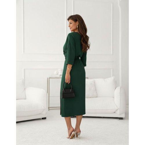 Kadın Uzun Kollu Kruvaze Yakalı Yandan Dantelli Midi Ithal Krep Elbise