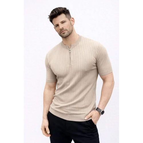 Erkek Kısa Kol Fitilli Triko T-Shirt Yazlık Hakim Yaka Tişört - Bej