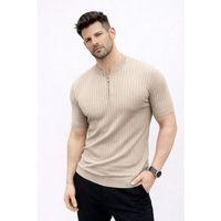 Erkek Kısa Kol Fitilli Triko T-Shirt Yazlık Hakim Yaka Tişört - Bej