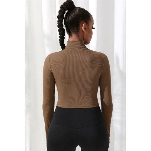 Kadın Kahverengi Uzun Kol Fermuarlı Parmak Geçme Detaylı Dik Yaka Crop Top Bluz