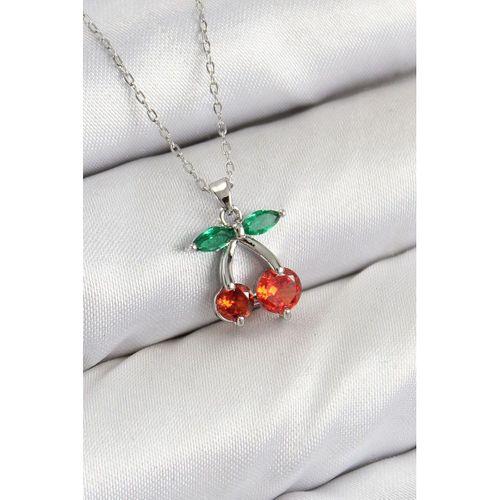 Pirinç Zirkon Taşlı Kiraz Model Gümüş Renk Kadın Kolye