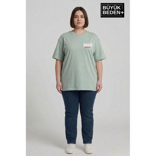 Kadın Büyük Beden Brooklyn 1970 Baskılı Bisiklet Yaka Tshırt SPR25BTSK904