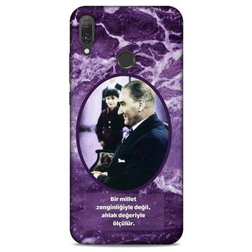 Huawei Y9 2019 Kılıf Atatürk (10) Full Koruma Kılıfı Mor