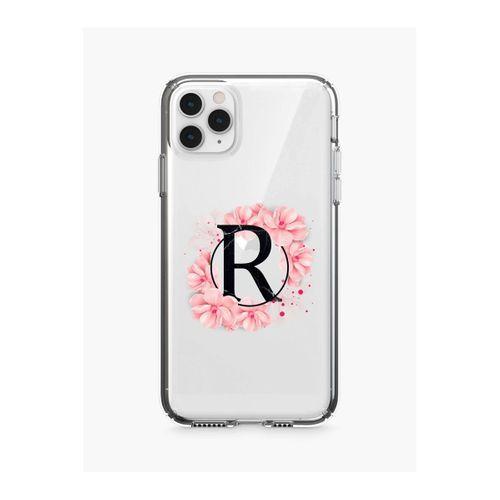 iPhone 11 Pro Max Pembe Çiçek Desen R Harfli Şeffaf Kılıf