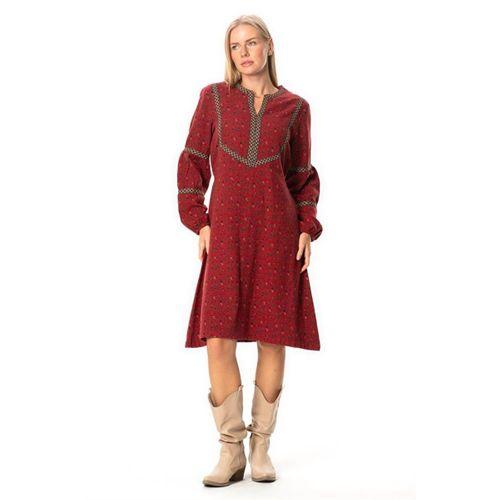 Uzun Kol Nurperi Pazen V Yaka Desenli Kışlık Midi Boy Elbise Bordo Brd