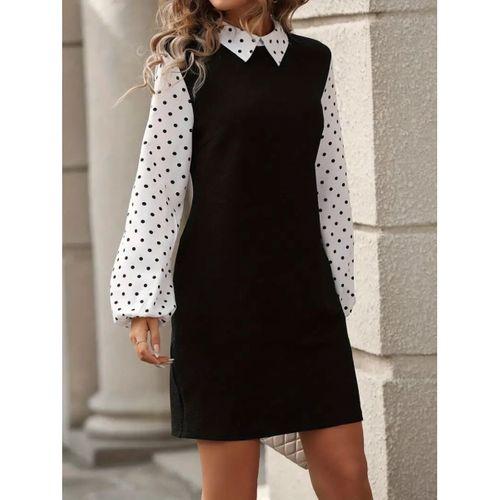 Kadın Uzun Kollu Yakalı Kol Ve Yaka Puantiye Detaylı Ithal Krep Elbise