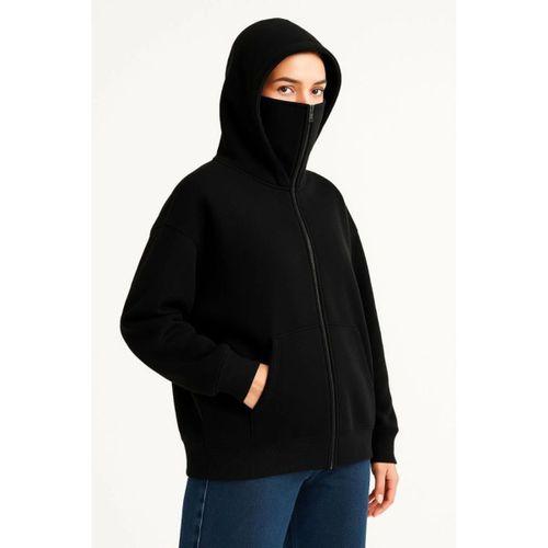Samuray Ninja Çift Kapşonlu ZIP Fermuarlı Kanguru Çepli Hoodie Maske Detaylı Swetshirt - Siyah