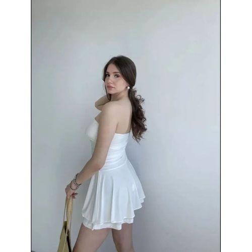 Straplez Mini Etek Görünümlü Şortlu Elbise Büzgülü Şık Yazlık - Beyaz