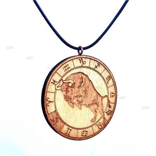 Boğa Burç Ahşap Kolye Büyük Çaplı Rölyef Madalyon El Yapımı Tahta Zodyak Astroloji
