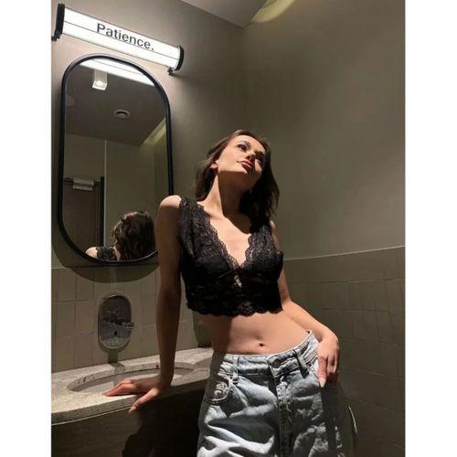 Dantel Bralet Crop Sütyen V Yaka Askılı Şık Esnek Rahat - Siyah