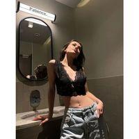 Dantel Bralet Crop Sütyen V Yaka Askılı Şık Esnek Rahat - Siyah