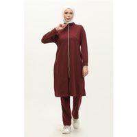 Göğüsten Detaylı Fermuarlı Sade Basic Eşofman Spor İkili Takım - 03063.009 - Bordo