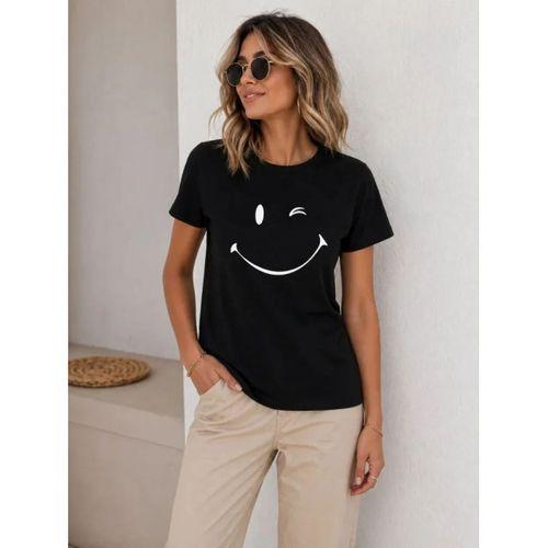 Minimal Gülümseyen Yüz Baskılı Tişört Kısa Kol Yazlık T-Shirt - Siyah