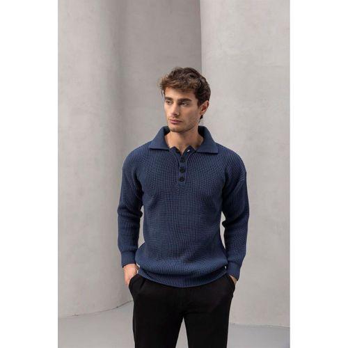 Oversize Selanik Örgü 4 Düğmeli Yarım Pat Rahat Kalıp Erkek Triko Kazak - İndigo