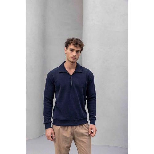 Eric Relax Fit Yarım Fermuarlı Polo Yaka Selanik Kumaş Erkek Sweatshirt - Lacivert