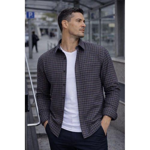Jonas Ekose Küçük Kareli Relaxed Fit %100 Pamuklu Flanel Kumaş Erkek Gömlek - Kahve