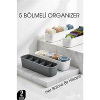 5 Bölmeli Dolap ve Çekmece İçi 2’li Set Organizer Kutusu (Gri & Beyaz)