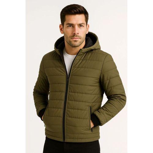 Erkek Şişme Kapüşonlu Fermuarlı Mont Su Itici Kapitone Astarlı Kumaş Cepli Kışlık Rahat Kalıp - Haki