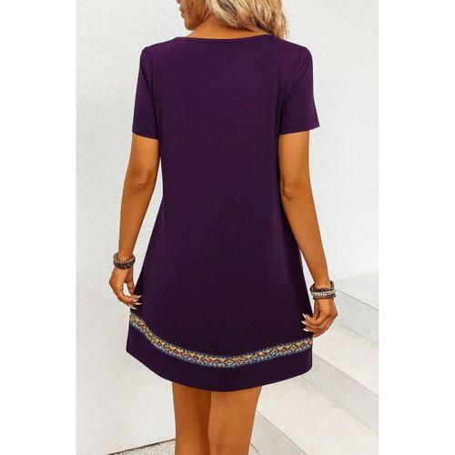 Kadın Kısa Kollu V Yakalı Etnik Desen şerit Detaylı Viskon Elbise