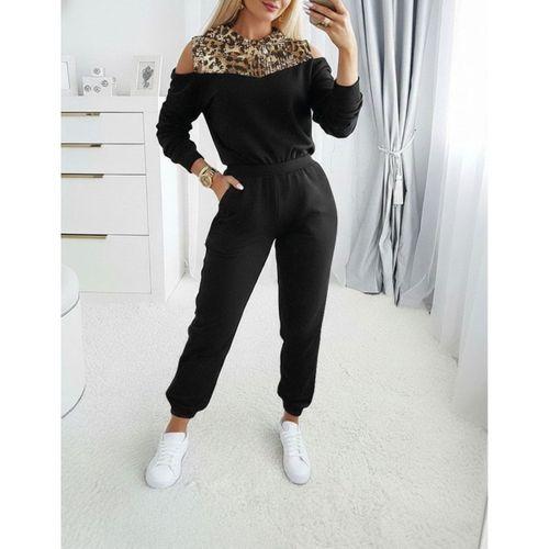 Kadın Uzun Kollu Omuzlardan Açık Leopar Desenli Kapşonlu Viskon Iki Iplik Bluz Ve Pantolon Ikili Takım