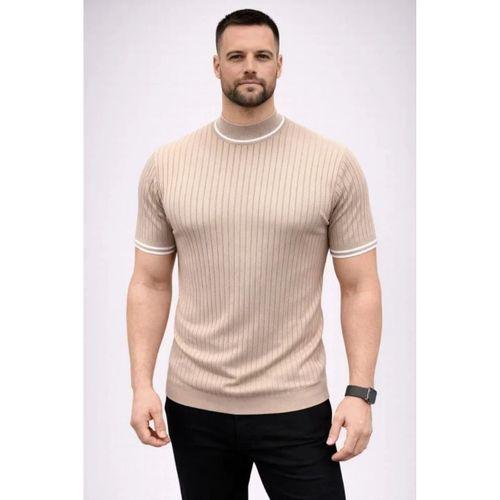 Erkek Fitilli Triko Dokuma Kısa Kol Tişört Yarım Boğaz Modern Yazlık T-Shirt - Bej