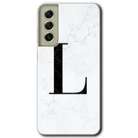 MRCİLETİSİM Samsung Galaxy S21 FE Kılıf HD Desen Baskılı Arka Kapak + Temperli Cam - Beyaz Mermer Desenli L Harfi