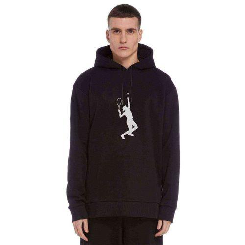 Tennis Spor Baskılı Siyah Erkek Kapşonlu Sweatshirt
