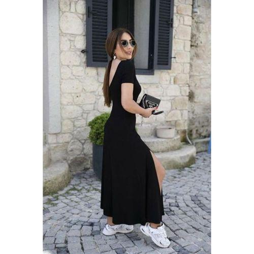 Kadın Kısa Kollu Sırt Dekolteli Yırtmaç Detaylı Viskon Elbise