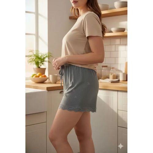 Bambu Fitilli Kadın Ev Şortu Bacak Dantel Detaylı Ev Giyim Gri