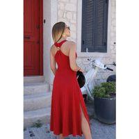 Kadın Omuzlardan Açık Arkadan Toka Detaylı Yırtmaçlı Uzun Viskon Elbise