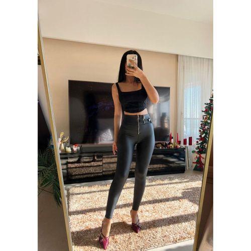 Kadın Yüksek Bel Fermuar Detay Deri Pantolon