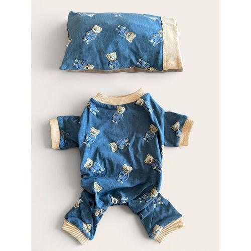 Teddy Blues Uyku Takımı | Ayıcık Desenli Pamuklu Penye Kedi Tulumu ve Mini Yastık