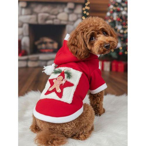 Yıldız Desenli Yılbaşı Köpek Kıyafeti Premium Kırmızı Polar | Kapüşonlu Noel Köpek Kostümü | Küçük Irklar İçin