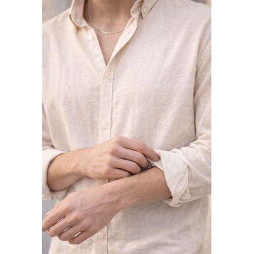 Scott – Soft Dokulu Yarım Oversize Modern Keten Görünümlü Erkek Gömlek - Bej