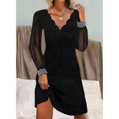 Kadın Uzun Kollu V Yaka Lazer Kesimli Tül Detaylı Mini Ithal Krep Elbise