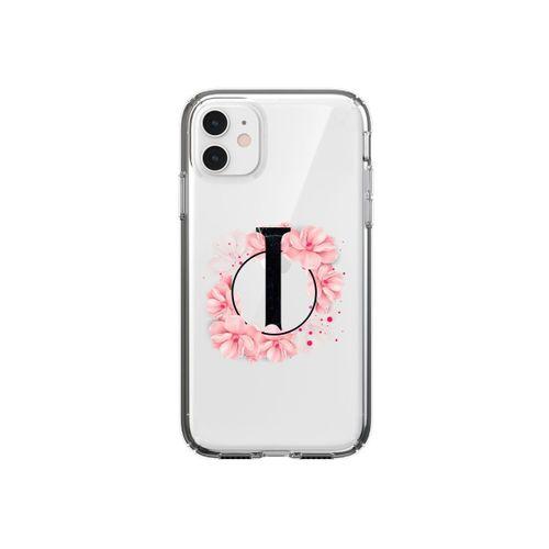 iPhone 11 Pembe Çiçek Desen I Harfli Şeffaf Kılıf