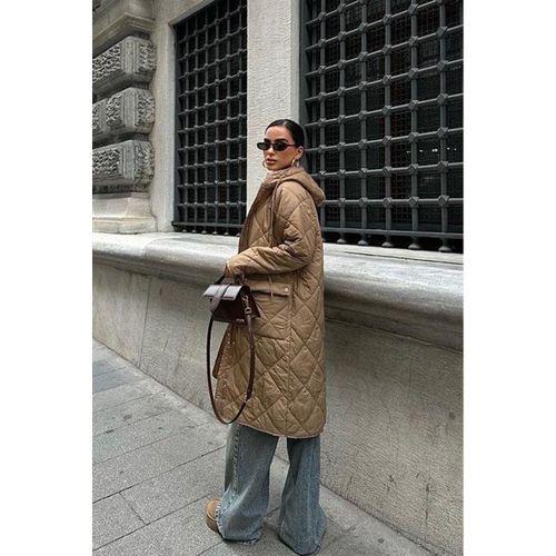 Fermuar Ve Kapşonlu Uzun Kapitone Mont 7062