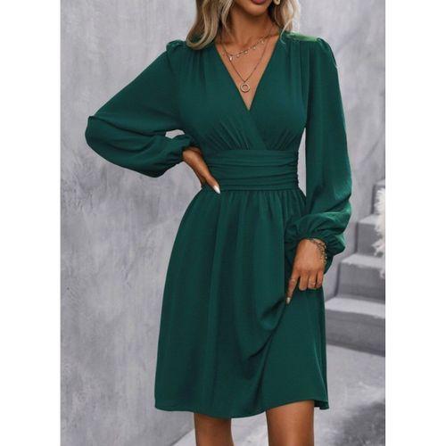 Kadın Uzun Kollu Kruvaze Yakalı Bel Korsajlı Mini Elbise