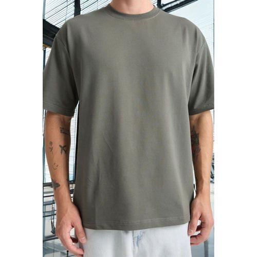 İki İplik Kumaş Pamuklu Bisiklet Yaka Basic Oversize Erkek T-Shirt - Avcı Yeşili
