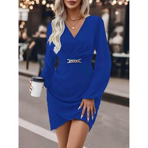 Kadın Uzun Kollu Kruvaze Yaka Yandan Büzgülü Asimetrik Detaylı Ithal Krep Mini Elbise