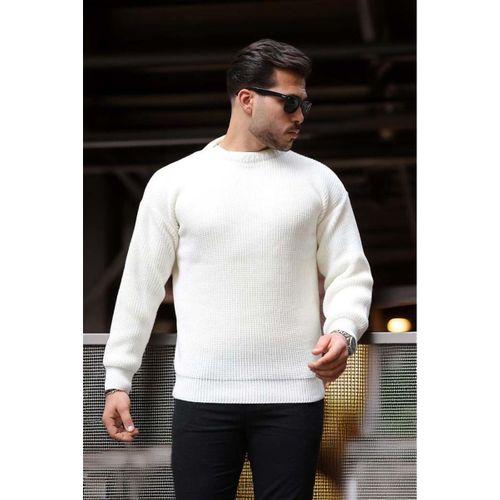 Oversize Selanik Örgülü Bisiklet Yaka Erkek Triko Kazak - Ekru
