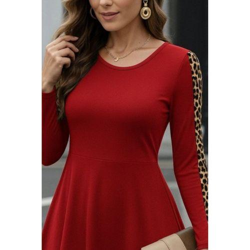 Kadın Uzun Kollu Bisiklet Yaka Kollar Leopar Detay Iki Iplik Mini Boy Elbise