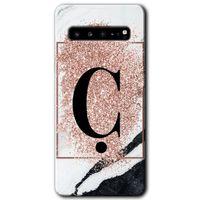 MRCİLETİSİM MRCİLETİSİM Samsung Galaxy S10 Plus Kılıf HD Desen Baskı Arka Kapak + TemperliCam - Pembe Mermer Desenli Ç Harf