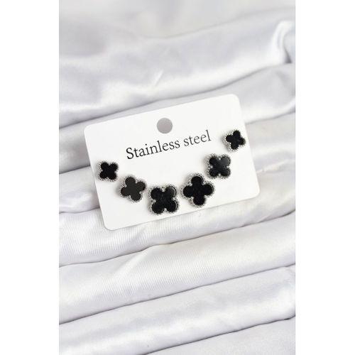 316L Çelik Gümüş Siyah Renk 3 Boy Yonca Küpe Seti - TJ-BKP11234