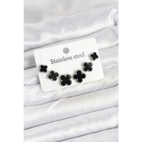 316L Çelik Gümüş Siyah Renk 3 Boy Yonca Küpe Seti - TJ-BKP11234