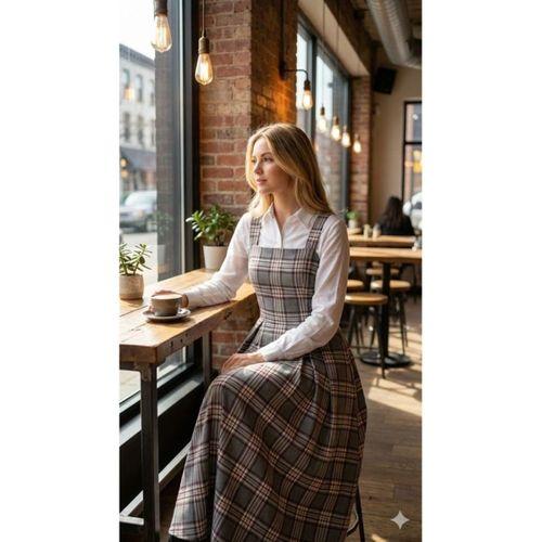 Kadın Omuz Askılı Full Ekose Detay Elbise