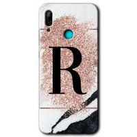 Huawei P smart 2019 Kılıf HD Desen Baskılı Arka Kapak - Pembe Mermer Desenli R Harfi + Kırılmaz Cam