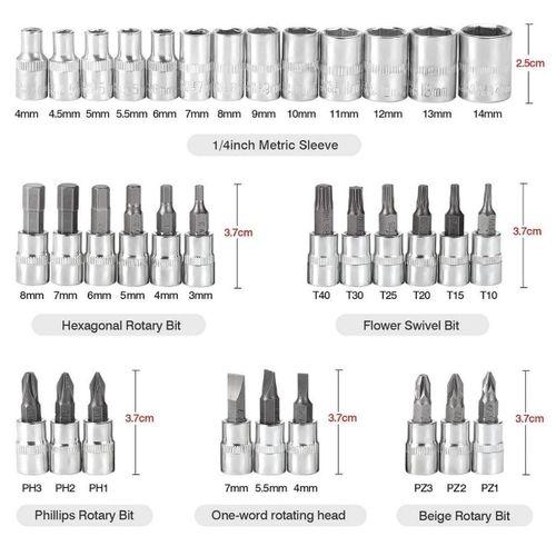 ZHLTOOLS 46 Parça Soket Seti, 1/4 inç Tahrik Cırcır Soket Anahtarı Sürücü Uçları Metrik Set