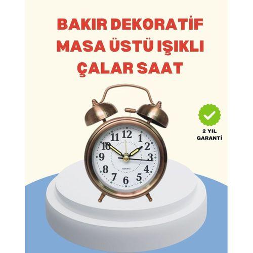 Metal Bronz Nostaljik Masa Saati Alarmlı Büyük Boy Sessiz Mekanizmalı