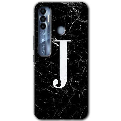 Tecno Spark 7 Pro Kılıf HD Desen Baskılı Arka Kapak - Siyah Mermer Desenli J Harfi + Kırılmaz Cam